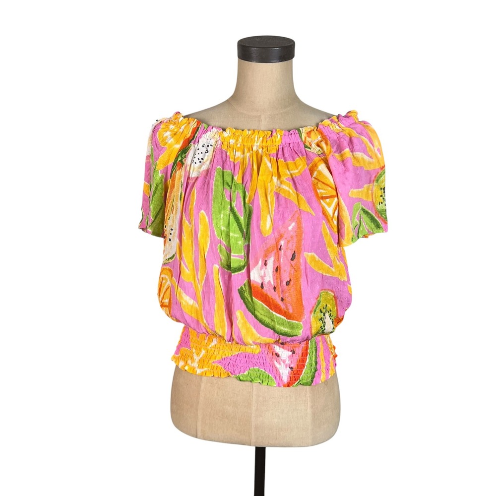 C&C California Tropical Fruit Print Off Shoulder Smocked Blouse Pink Yellow S